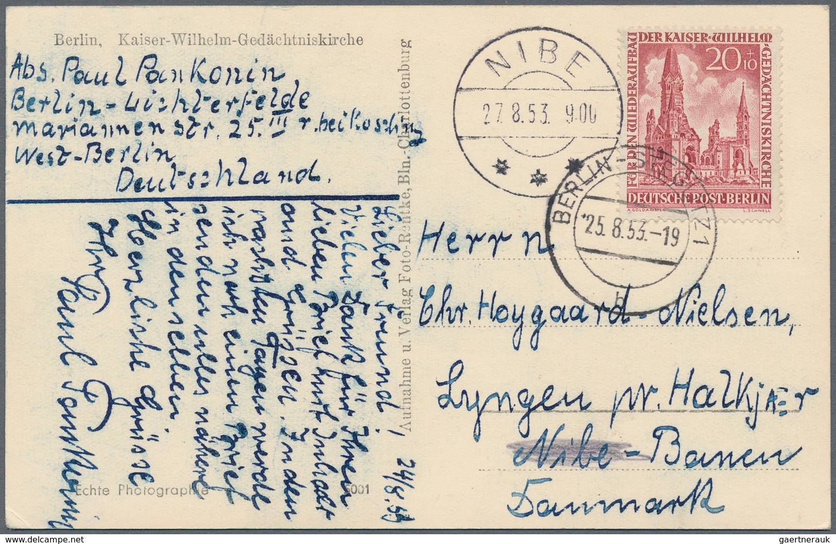 Berlin: 1953, 20 Pfg. Gedächtniskirche, Portogerechte Einzelfrankatur Auf Auslandskarte "BERLIN-STEG - Brieven En Documenten