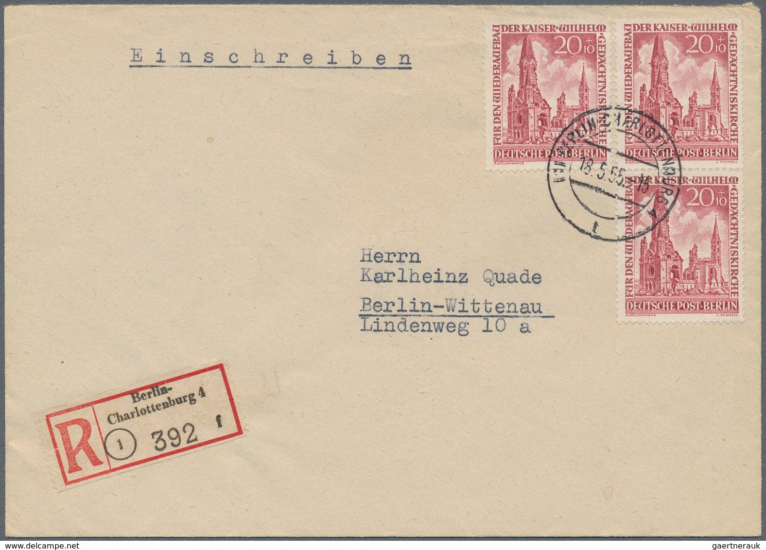 Berlin: 1955, 20 Pfg. Gedächtniskirche, Einzelwert Und Senkrechtes Paar Als Portogerechte Mehrfachfr - Brieven En Documenten