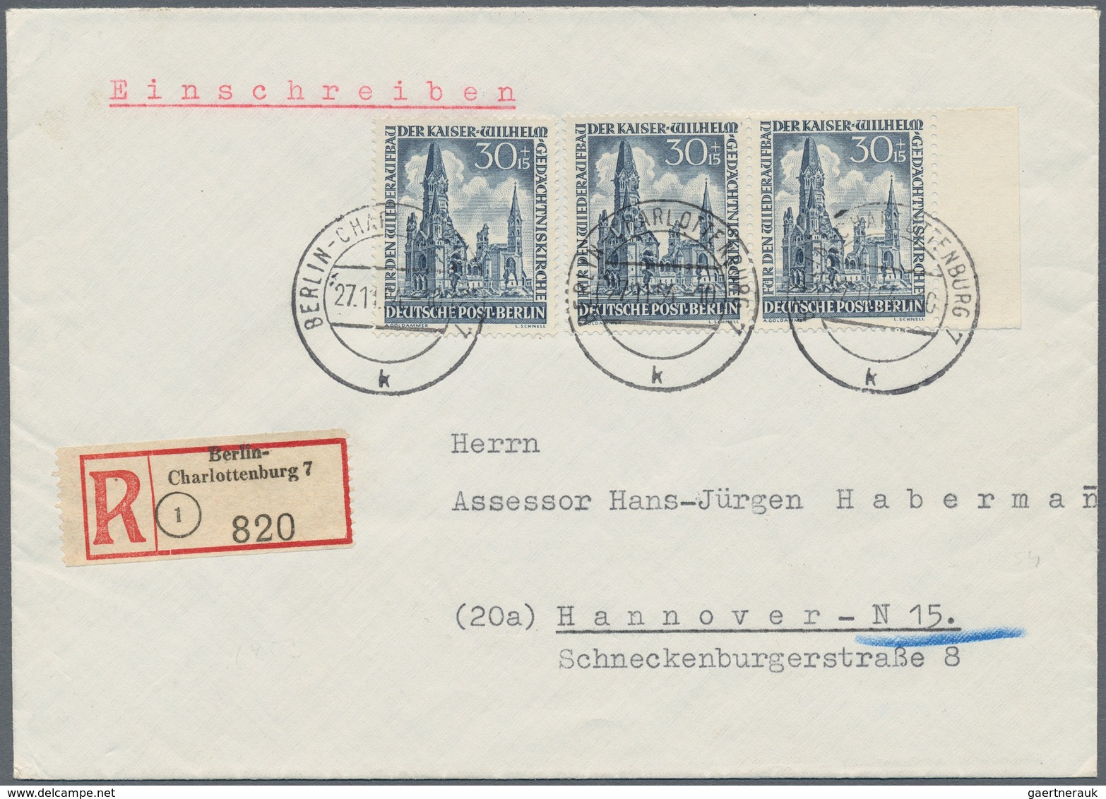Berlin: 1954, 30 Pfg. Gedächtniskirche, Einzelwert Und Waagerechtes Randpaar Als Portogerechte Mehrf - Briefe U. Dokumente