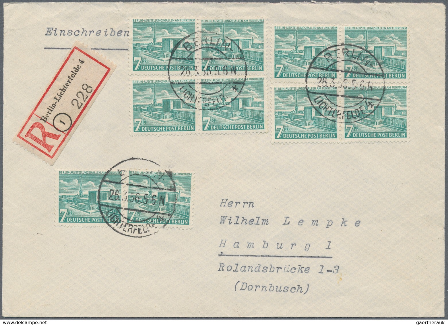 Berlin: 1956, 7 Pfg. Bauten, Zehn Werte Als Portogerechte Massenfrankatur Auf R-Brief Von "BERLIN-LI - Brieven En Documenten