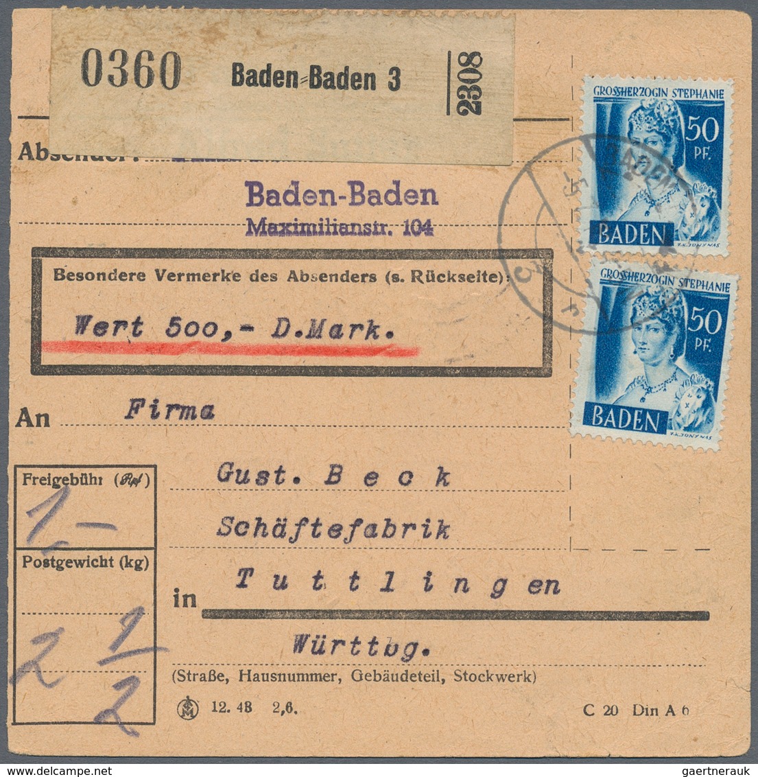 Französische Zone - Baden: 1948/1949, Freimarken II, Drei Belege Mit Portogerechten Mehrfachfrankatu - Andere & Zonder Classificatie