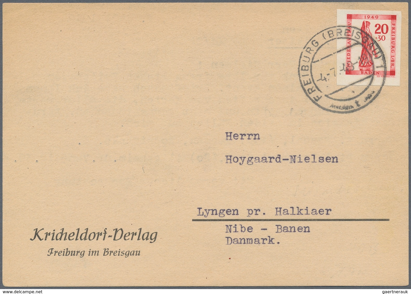 Französische Zone - Baden: 1949, 20 Pfg. Wiederaufbau Geschnitten, Blockmarke Als Portogerechte Einz - Altri & Non Classificati