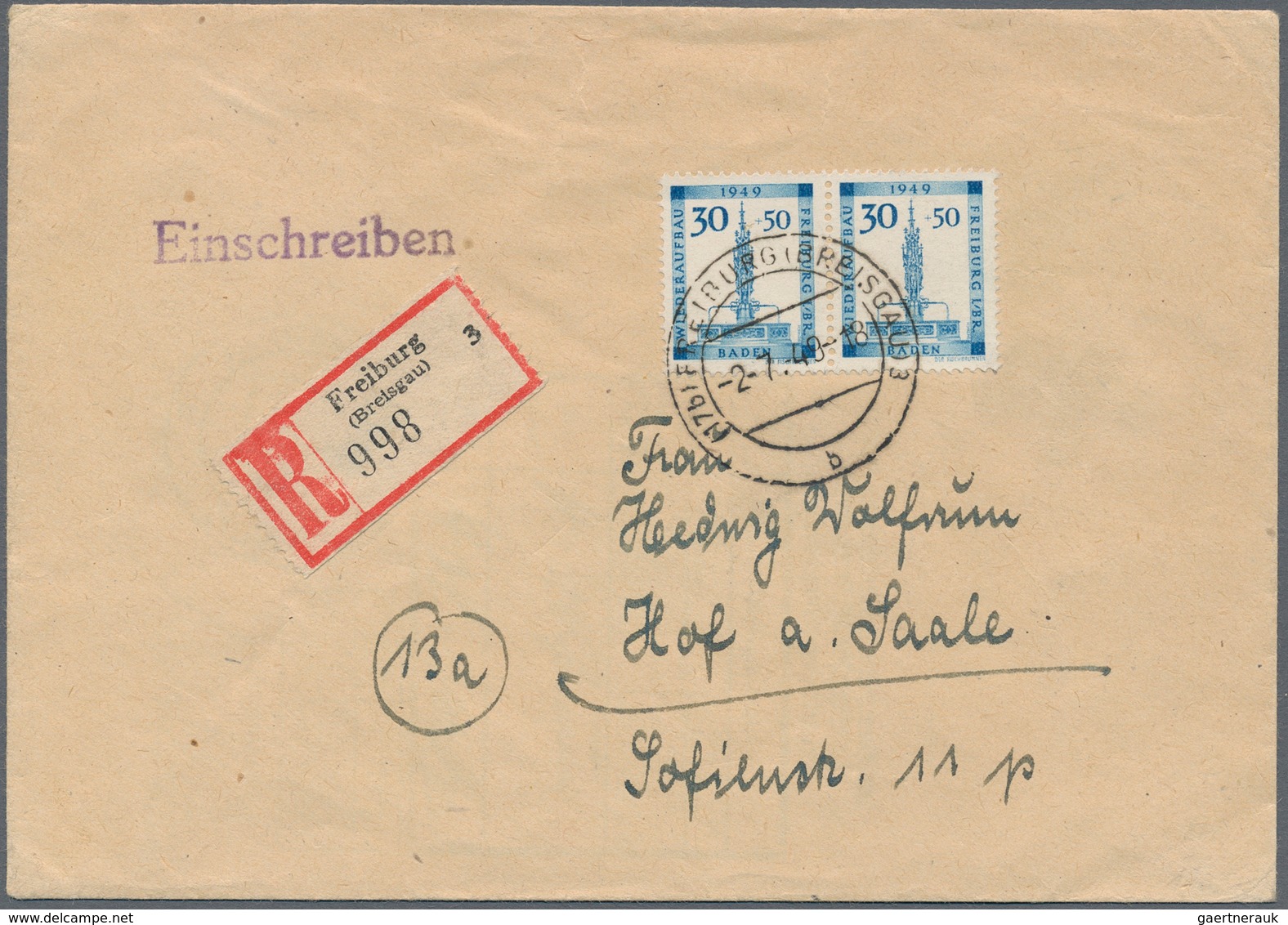 Französische Zone - Baden: 1949, 30 Pfg. Wiederaufbau Im Waagerechten Paar Als Portogerechte Mehrfac - Andere & Zonder Classificatie