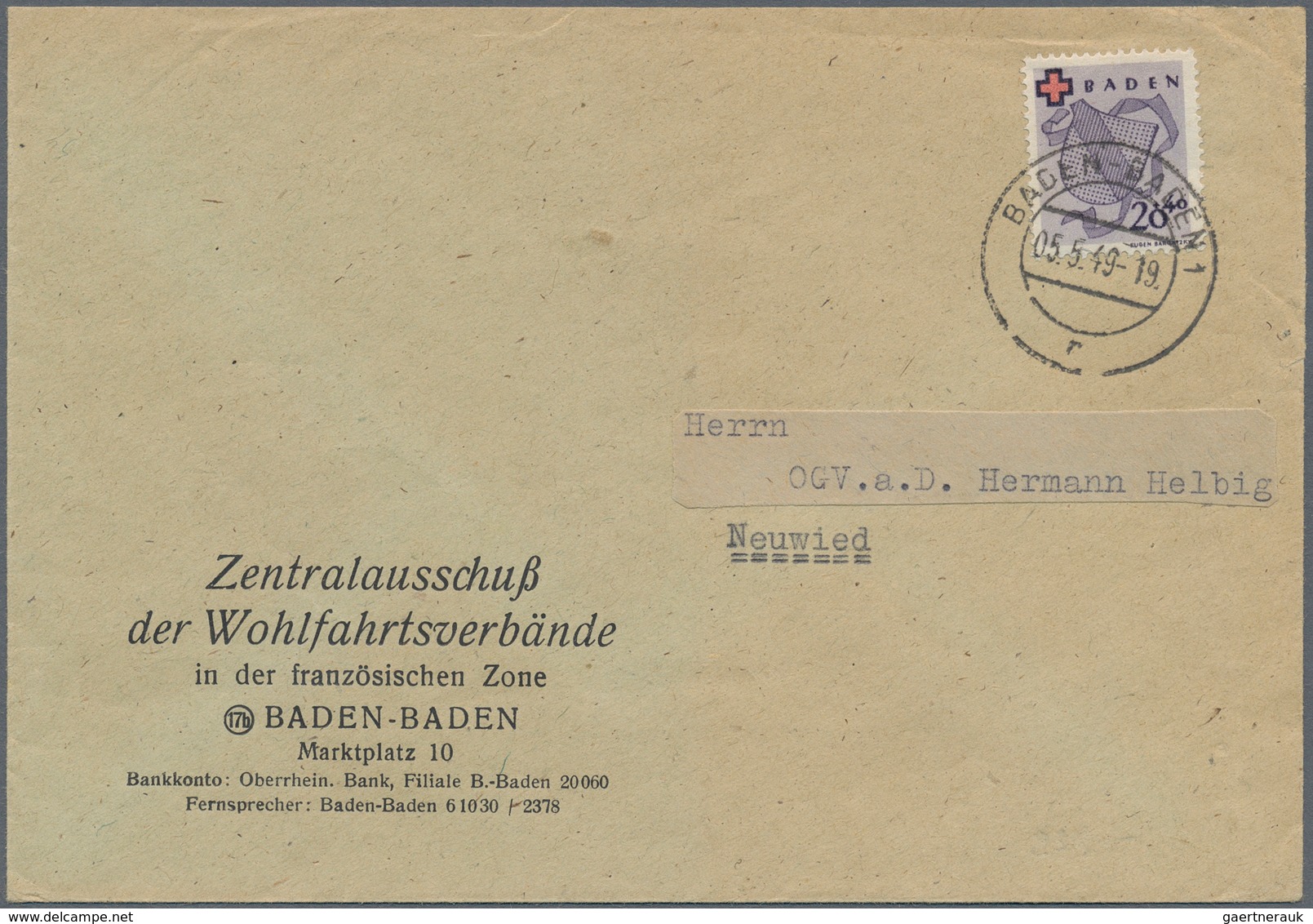 Französische Zone - Baden: 1949, 20 Pfg. Rotes Kreuz Als Portogerechte Einzelfrankatur Auf Brief Von - Altri & Non Classificati