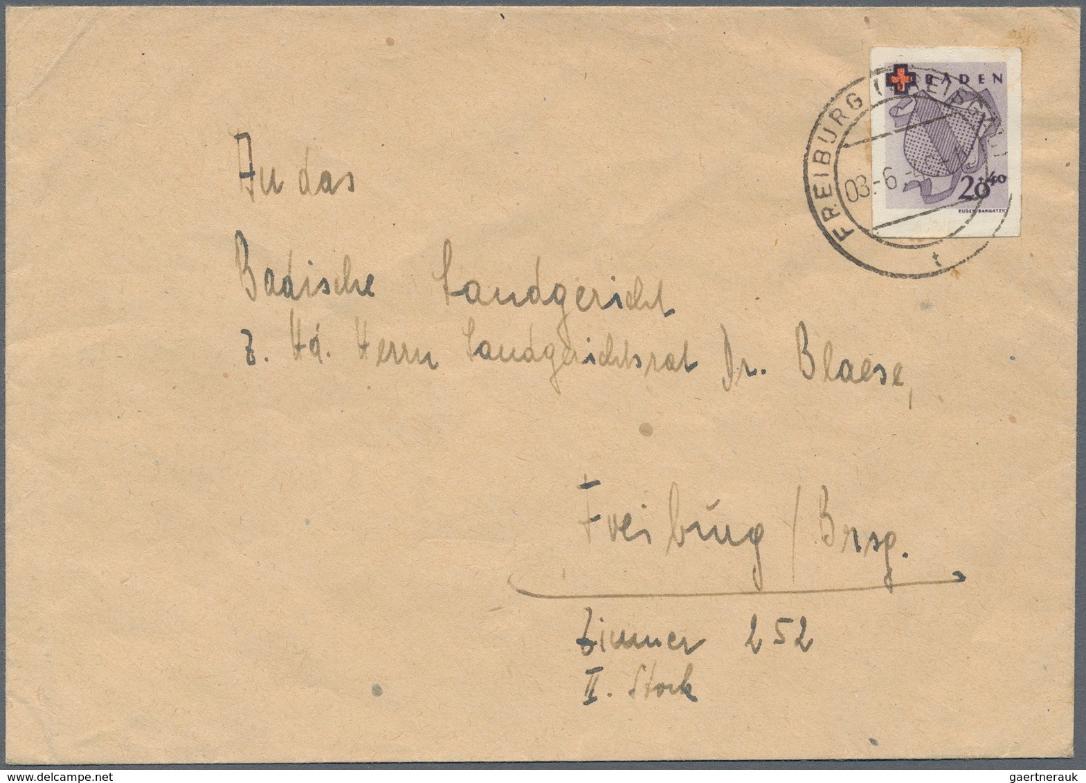 Französische Zone - Baden: 1949, 20 Pfg. Rotes Kreuz, Marke Aus Block Als Portogerechte Einzelfranka - Altri & Non Classificati