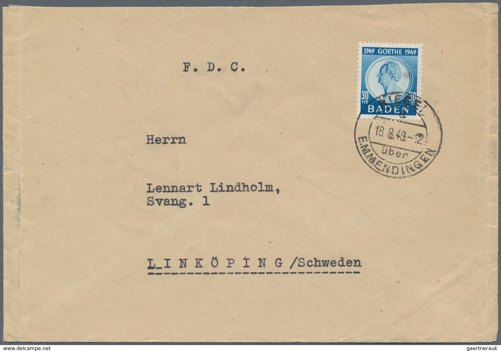 Französische Zone - Baden: 1949, 30 Pfg. Goethe Als Portogerechte Einzelfrankatur Auf Brief Von "RIE - Andere & Zonder Classificatie