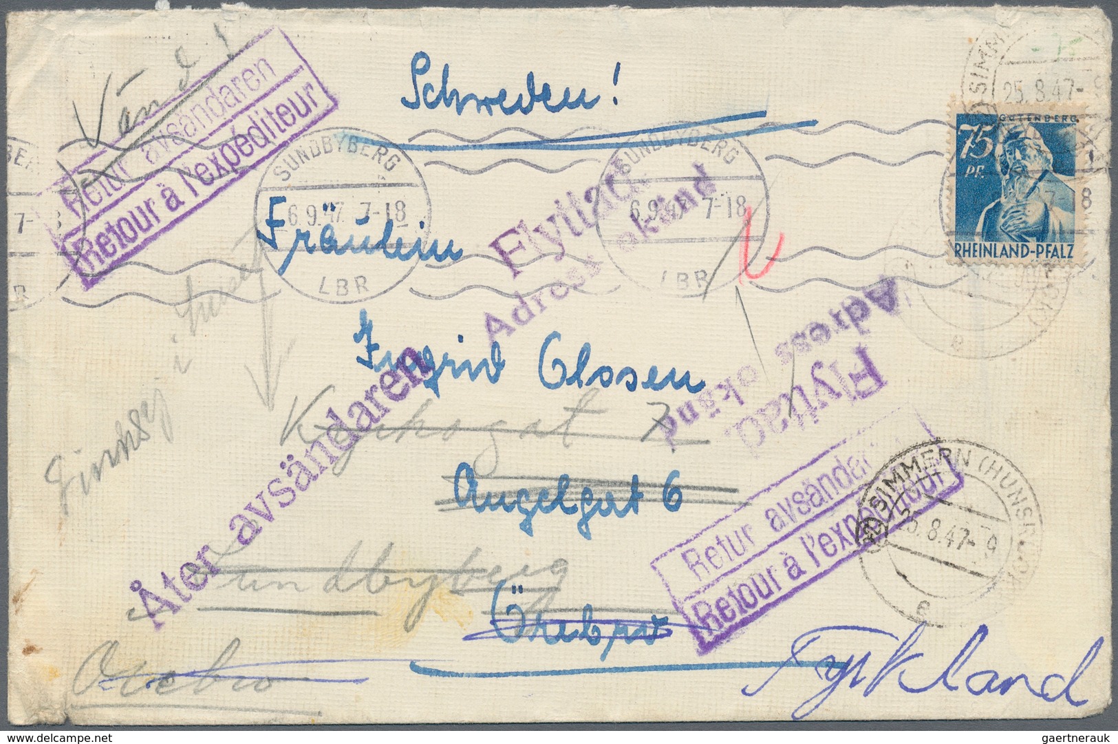 Französische Zone - Rheinland Pfalz: 1947, 75 Pfg. Blau Als Portogerechte Einzelfrankatur Auf Brief - Sonstige & Ohne Zuordnung