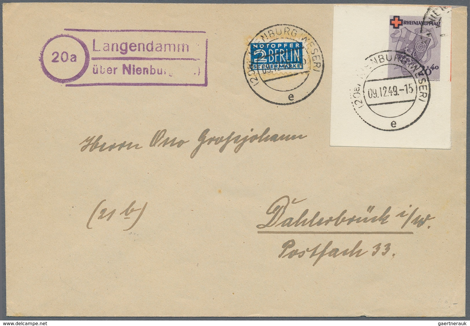 Französische Zone - Rheinland Pfalz: 1949, 20 Pfg. Rotes Kreuz, Einzelmarke Aus Block Als Portogerec - Andere & Zonder Classificatie