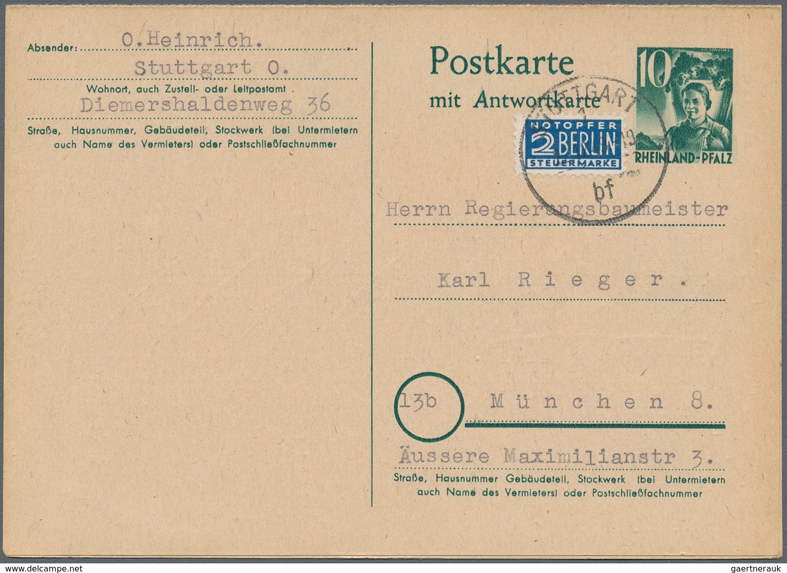 Französische Zone - Rheinland Pfalz - Ganzsachen: 1949, Frage/Antwortkarte 10 Pfg.+10 Pfg. Grün Zusa - Andere & Zonder Classificatie