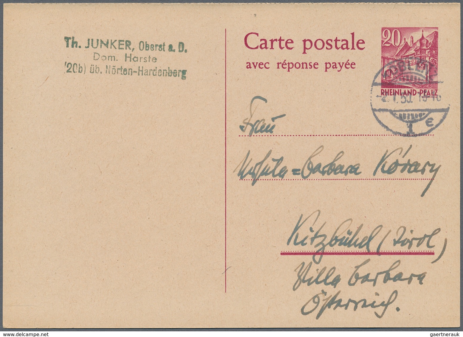 Französische Zone - Rheinland Pfalz - Ganzsachen: 1950, Frage/Antwortkarte 20 Pfg.+20 Pfg. Lila Zusa - Sonstige & Ohne Zuordnung