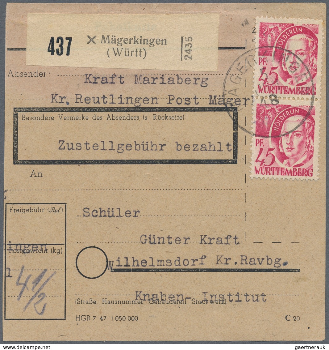 Französische Zone - Württemberg: 1948, Drei Paketkartenstammteile Mit Portogerechten Frankaturen: 45 - Sonstige & Ohne Zuordnung