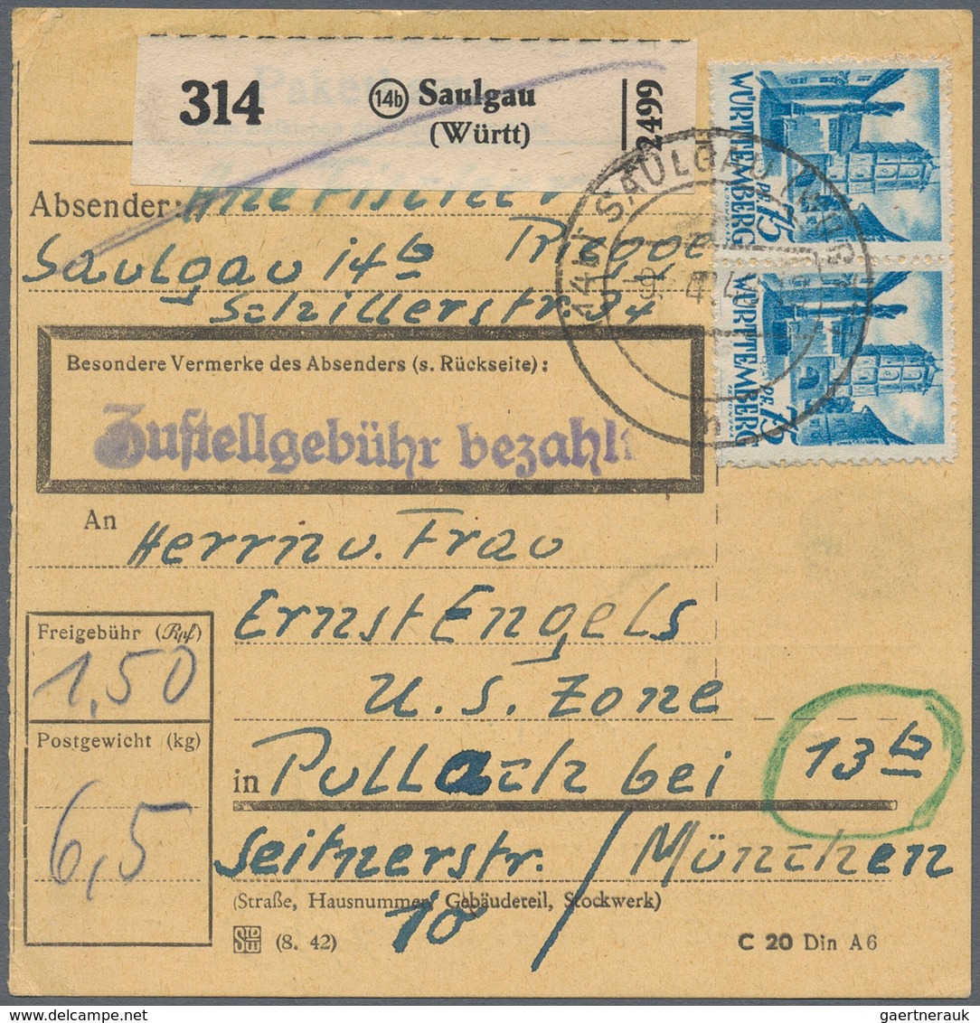 Französische Zone - Württemberg: 1948, Drei Paketkartenstammteile Mit Portogerechten Frankaturen: 45 - Andere & Zonder Classificatie