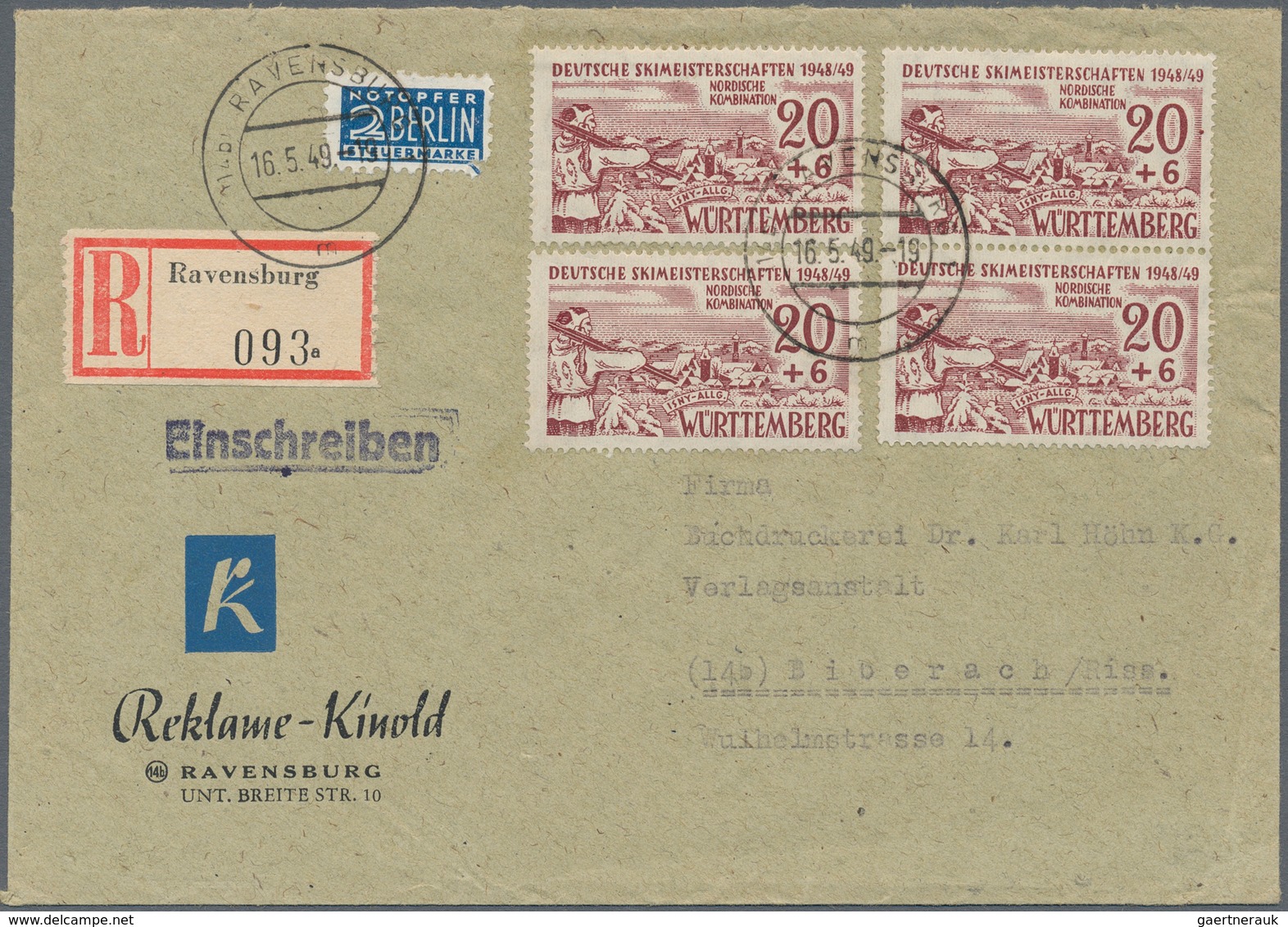 Französische Zone - Württemberg: 1949, 20 Pfg. Isny, Vier Werte Als Portogerechte Mehrfachfrankatur - Sonstige & Ohne Zuordnung