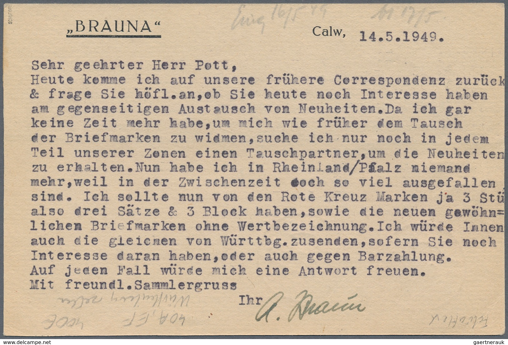Französische Zone - Württemberg: 1949, 10 Pfg. Rotes Kreuz Als Portogerechte Einzelfrankatur Auf Kar - Andere & Zonder Classificatie