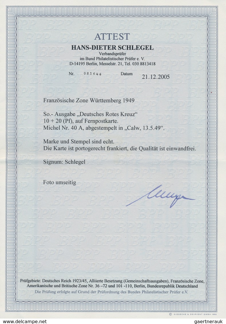 Französische Zone - Württemberg: 1949, 10 Pfg. Rotes Kreuz Als Portogerechte Einzelfrankatur Auf Kar - Sonstige & Ohne Zuordnung