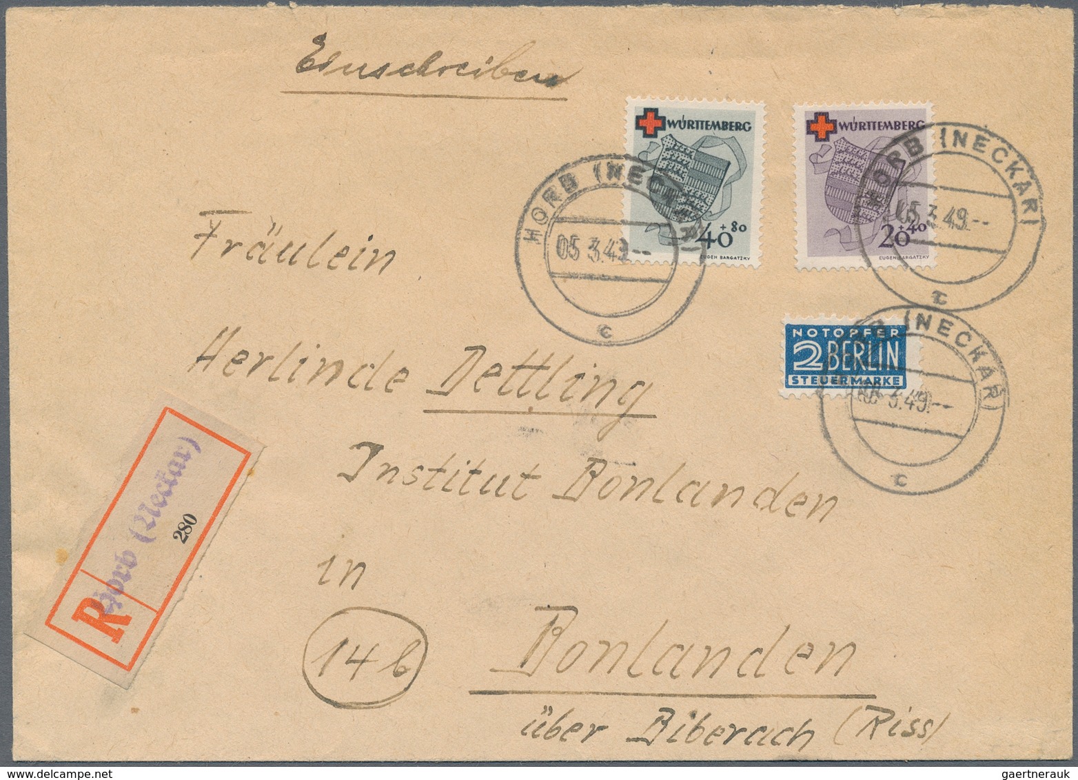 Französische Zone - Württemberg: 1949, 20 Pfg. Und 40 Pfg. Rotes Kreuz Als Portogerechte Frankatur A - Altri & Non Classificati