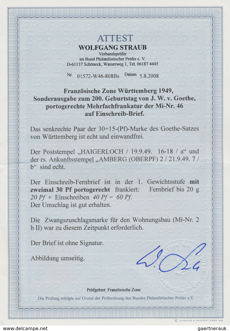 Französische Zone - Württemberg: 1949, 30 Pfg. Goethe Im Senkrechten Paar Als Portogerechte Mehrfach - Sonstige & Ohne Zuordnung