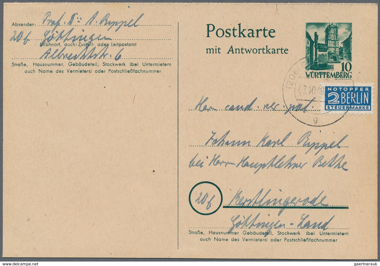 Französische Zone - Württemberg - Ganzsachen: 1949, Frage/Antwortkarte 10 Pfg.+10 Pfg. Grün Zusammen - Altri & Non Classificati