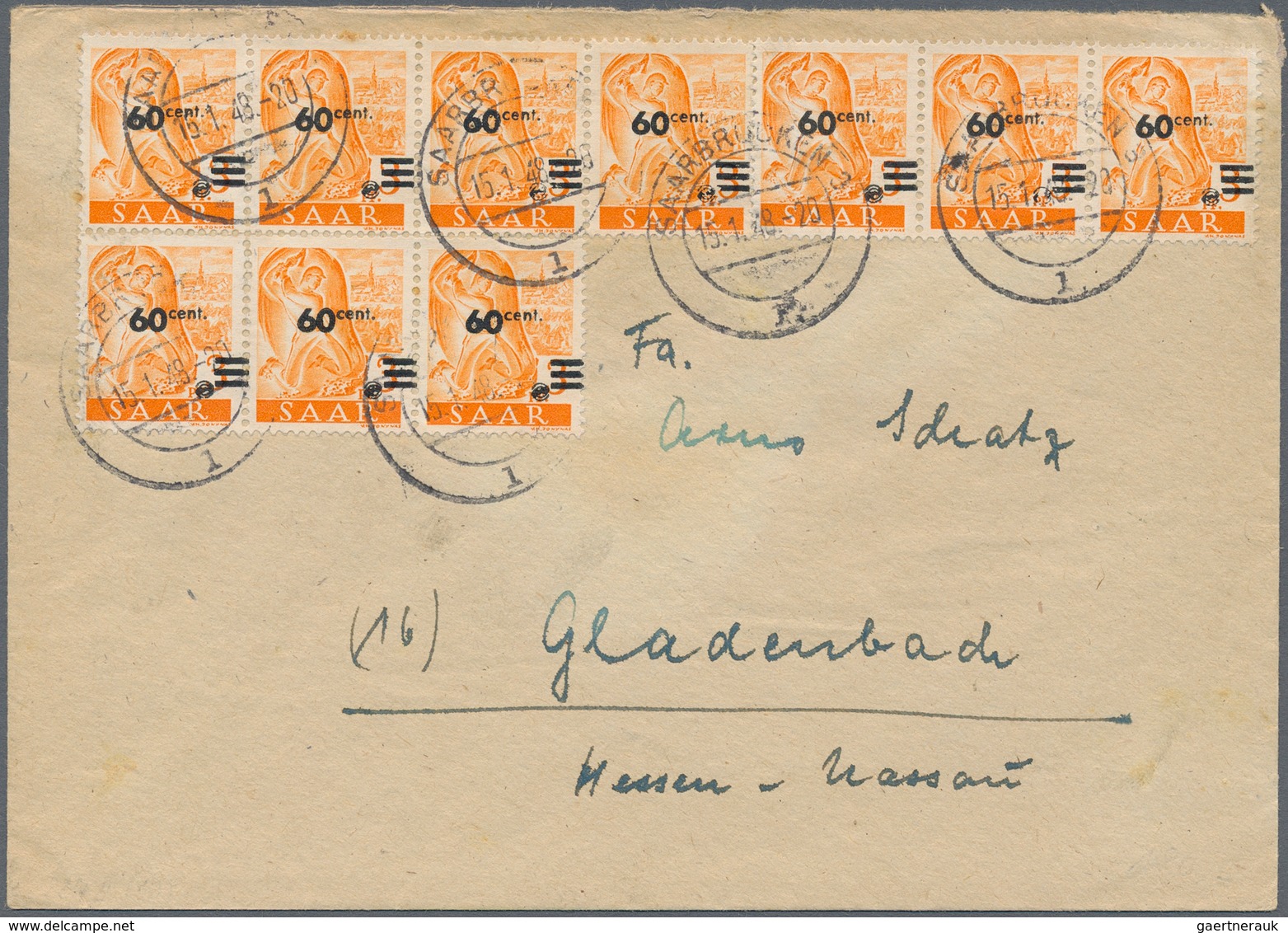 Saarland (1947/56): 1948, 60 C. Auf 3 Pfg. Orange, Ein 4er- Und Zwei 3er-Streifen Als Portogerechte - Storia Postale