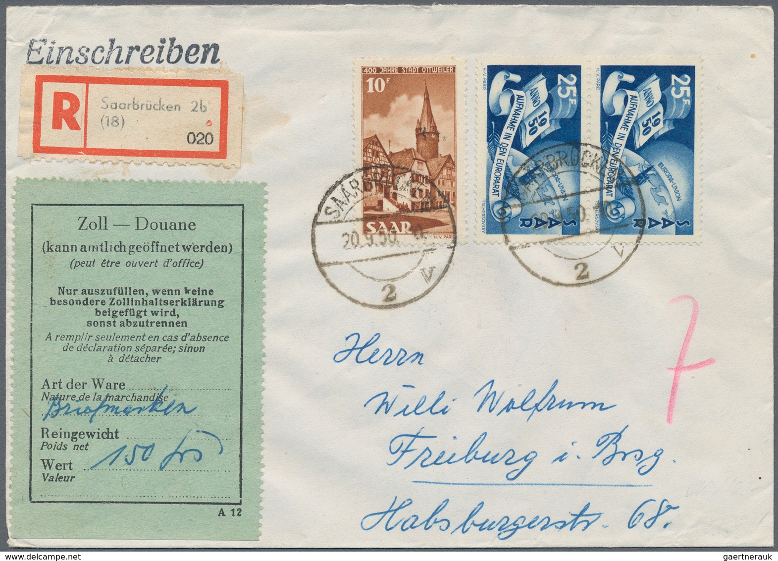 Saarland (1947/56): 1950/1951, 25 Fr. Europarat, Drei Belege Mit Portogerechten Frankaturen: Einzelf - Storia Postale