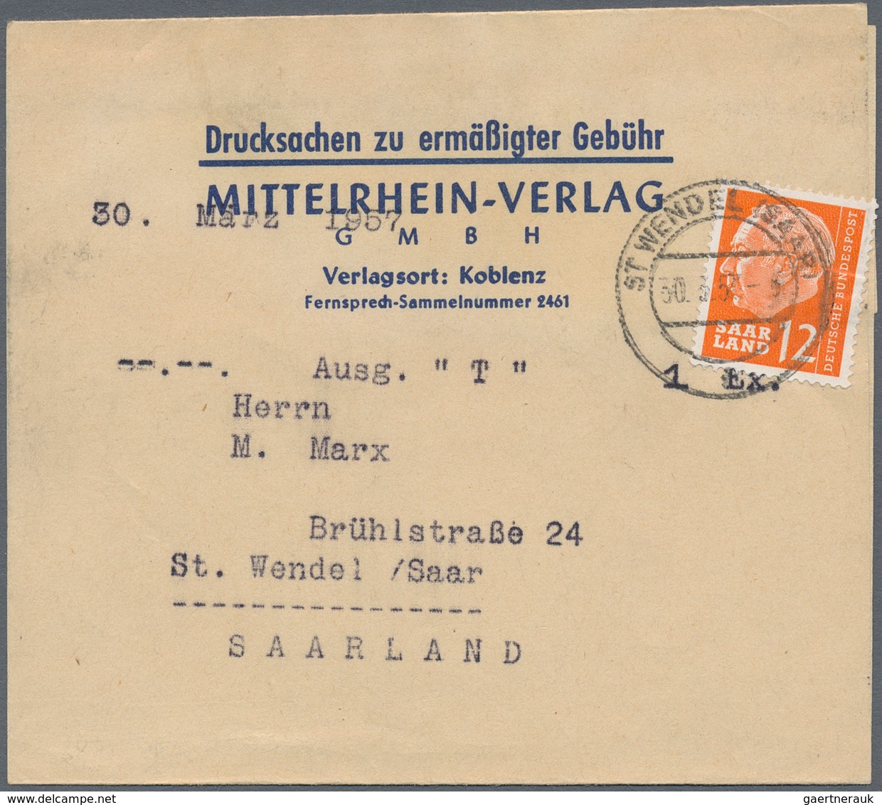 Saarland (1947/56): 1953/1957, Zwei Zeitungs-Streifbänder: Saar V 3 Fr. Bräunlichlila (kl. Schürfung - Storia Postale