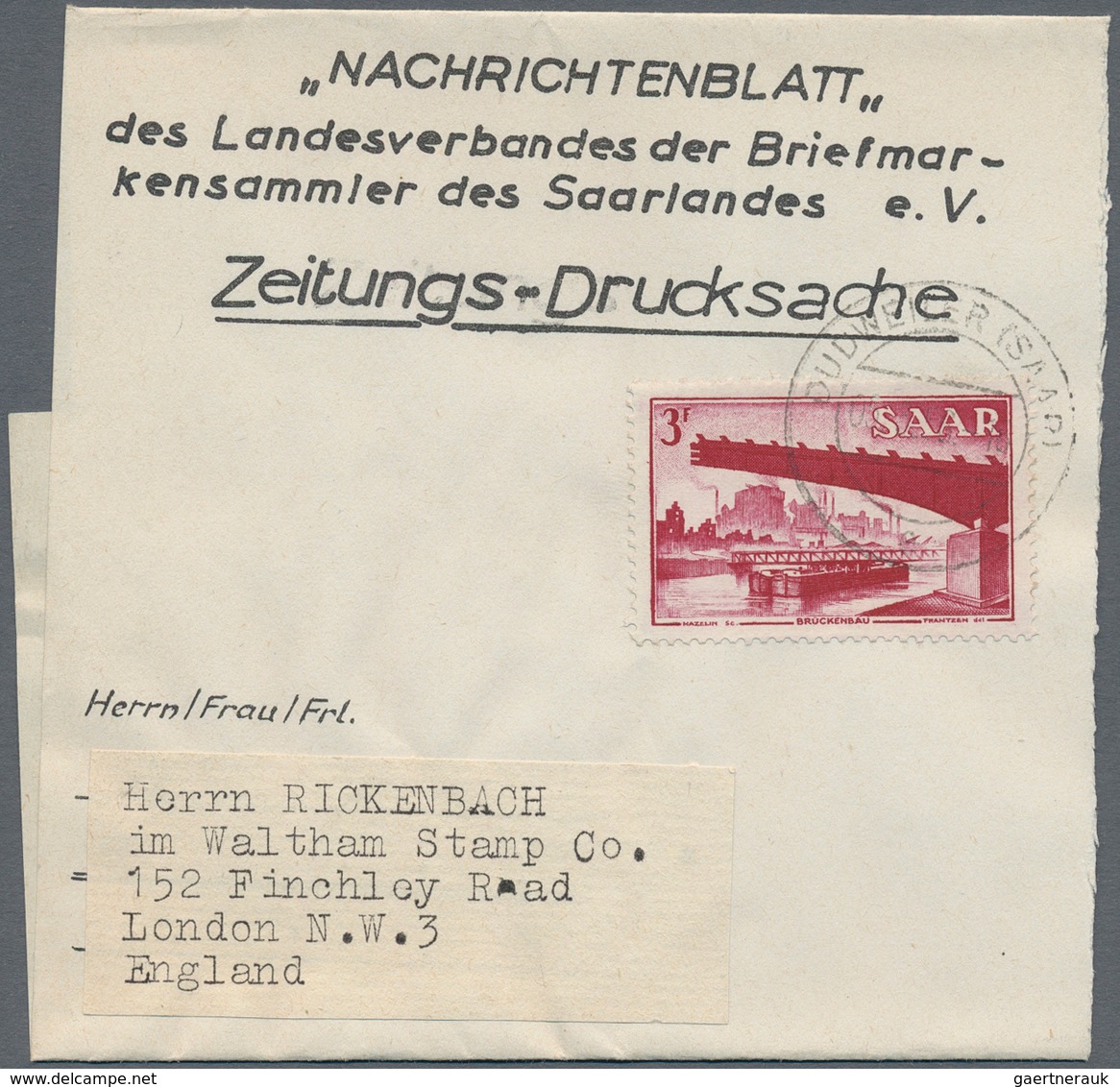 Saarland (1947/56): 1953/1957, Zwei Zeitungs-Streifbänder: Saar V 3 Fr. Bräunlichlila (kl. Schürfung - Storia Postale