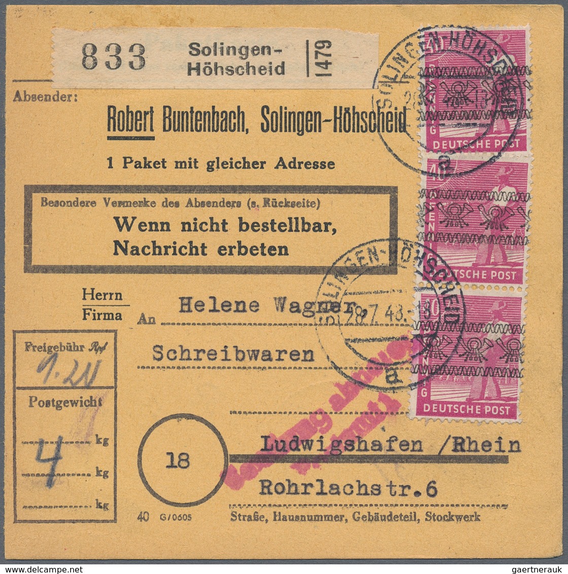 Bizone: 1948, 40 Pfg. Bandaufdruck, Einzelwert Und Senkrechtes Paar Als Portogerechte Mehrfachfranka - Andere & Zonder Classificatie