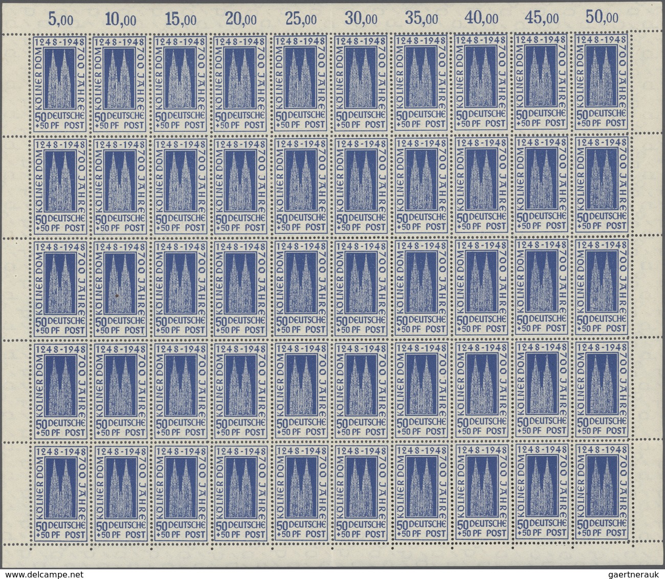 Bizone: 1949, 50 Pfennig Kölner Dom, Zwei Originalbögen, Davon Einmal Mit Plattenfehler I Auf Feld 9 - Andere & Zonder Classificatie