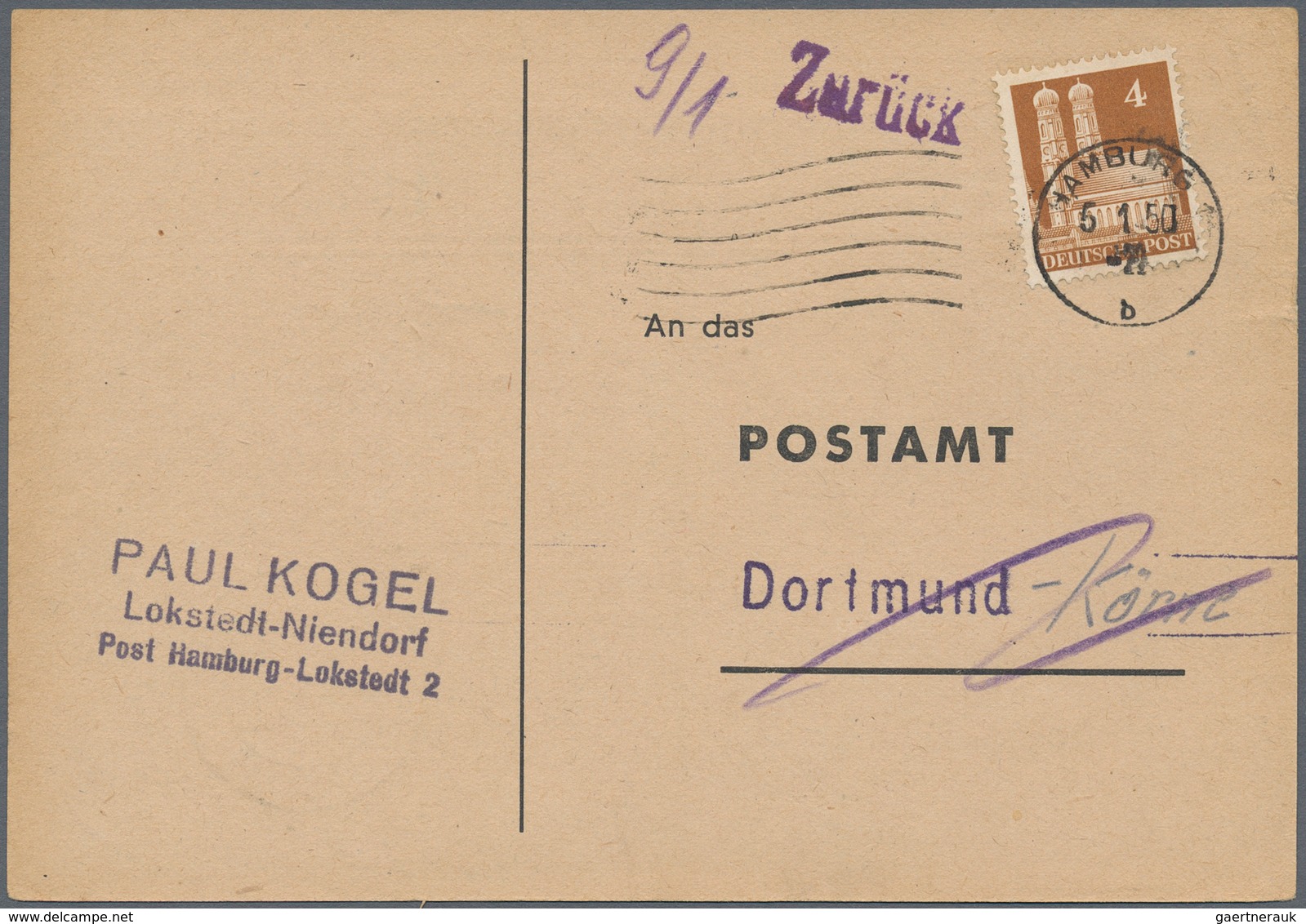 Bizone: 1950, 4 Pfg. Bauten Eng Gezähnt Als Einzelfrankatur Auf Anschriftenprüfung Von "HAMBURG 5.1. - Andere & Zonder Classificatie