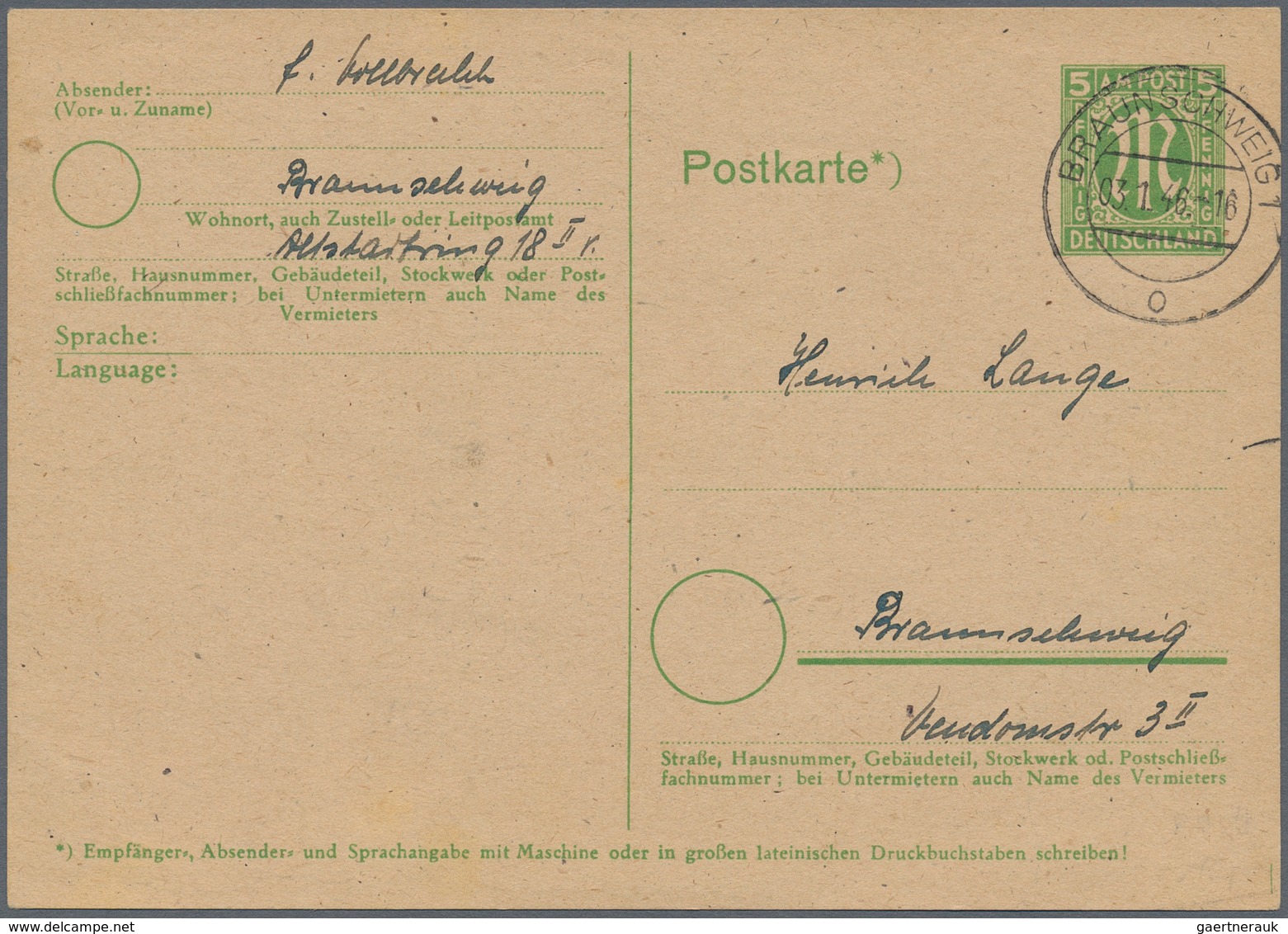 Bizone - Ganzsachen: 1946, Ortskarte 5 Pfg. AM-Post Bedarfsgebraucht Von "BRAUNSCHWEIG 3.1.46" Mit R - Altri & Non Classificati