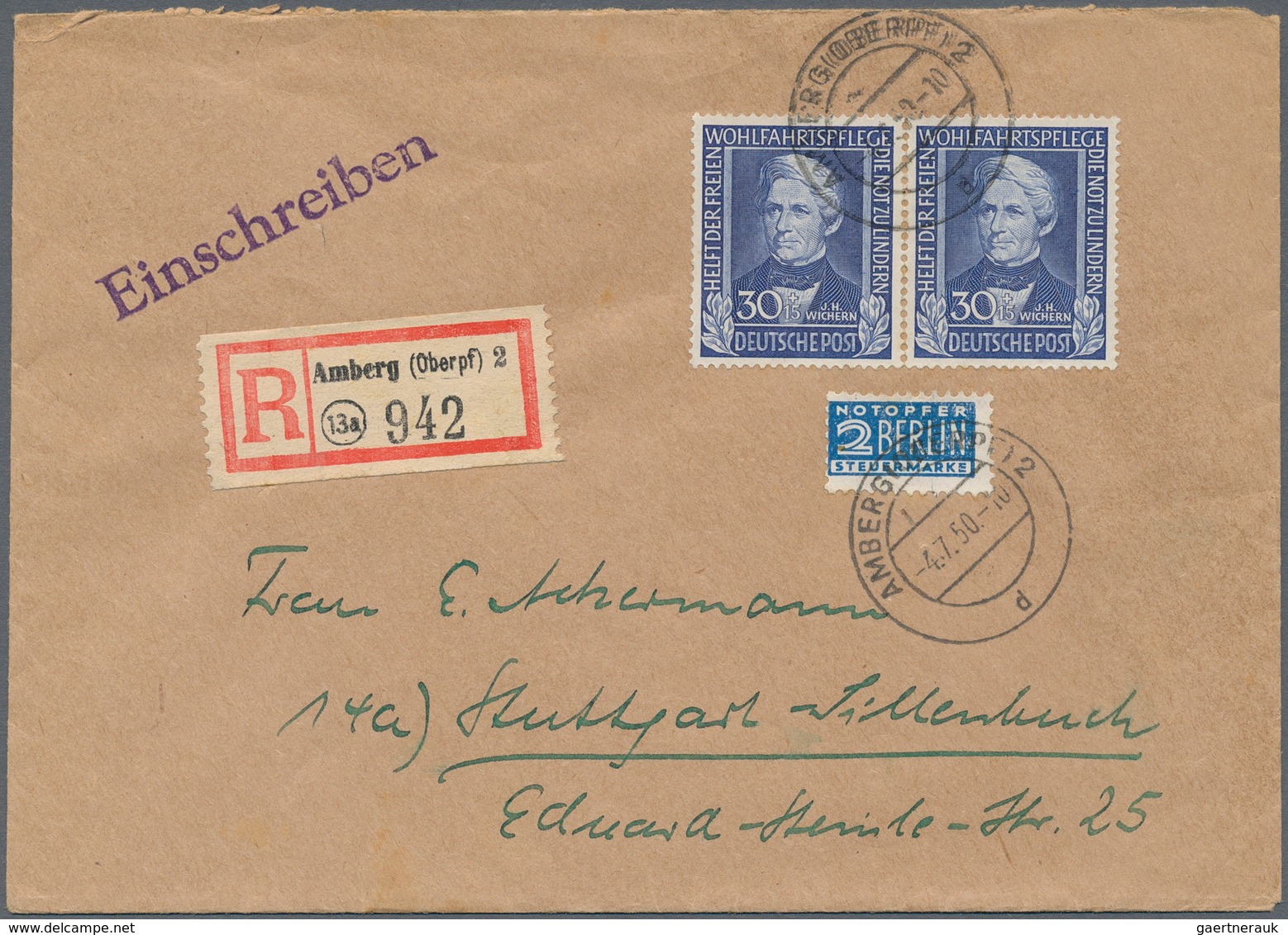 Bundesrepublik Deutschland: 1950, 30 Pfg. Wohlfahrt 1949 Im Waagerechten Paar Als Portogerechte Mehr - Storia Postale