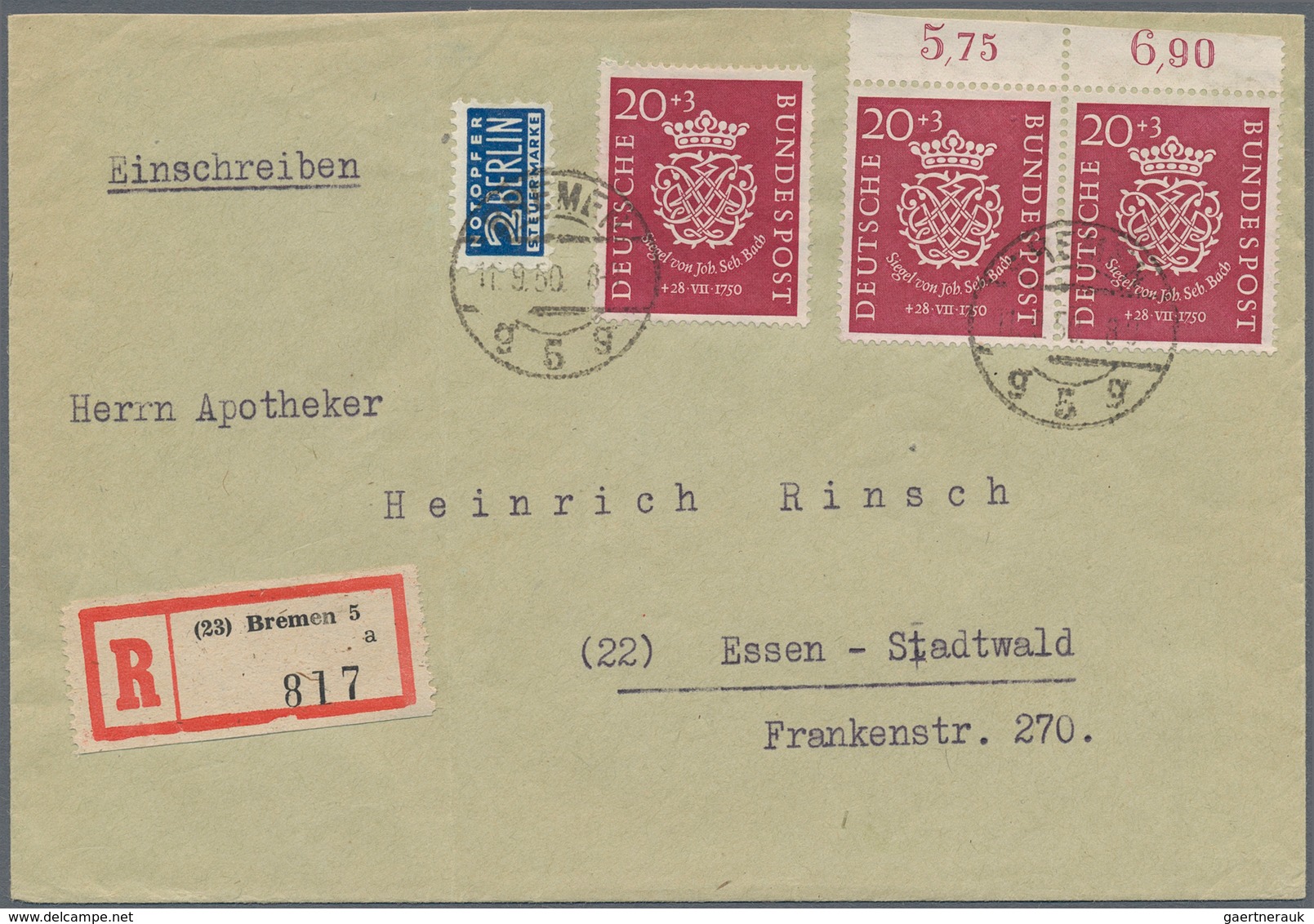 Bundesrepublik Deutschland: 1950, 20 Pfg. Bach, Einzelwert Und Waagerechtes Oberrand-Paar Als Portog - Storia Postale