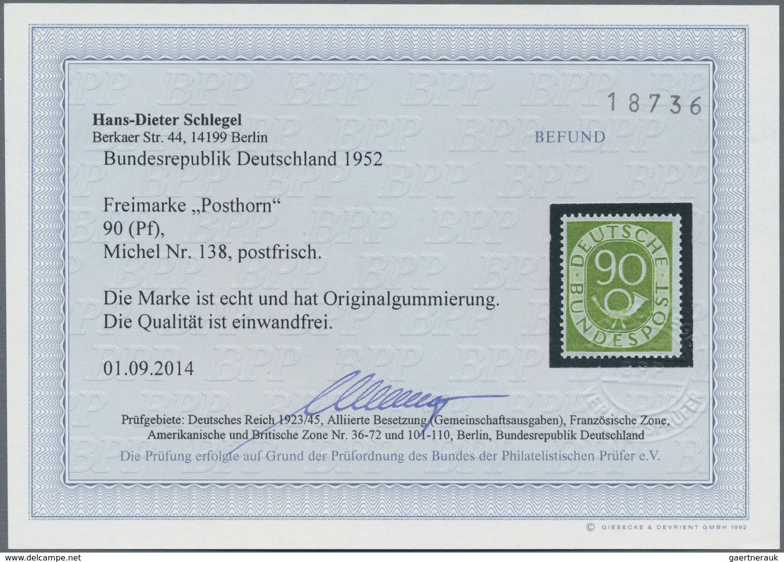 Bundesrepublik Deutschland: 1951, Posthorn, Kompletter Satz, Postfrisch, 80 Pfg. Signiert Schlegel B - Briefe U. Dokumente