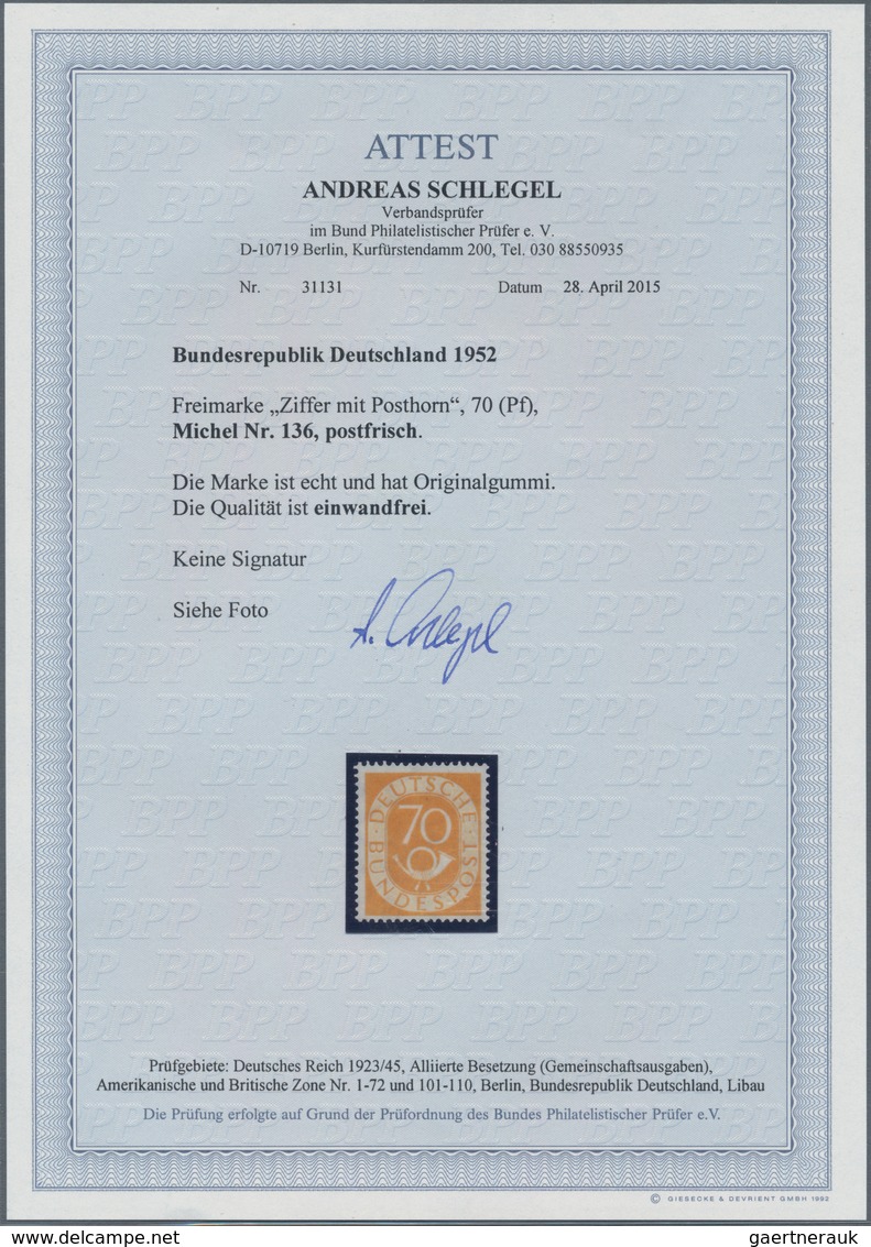 Bundesrepublik Deutschland: 1951, Posthorn, Kompletter Satz, Postfrisch, 80 Pfg. Signiert Schlegel B - Brieven En Documenten