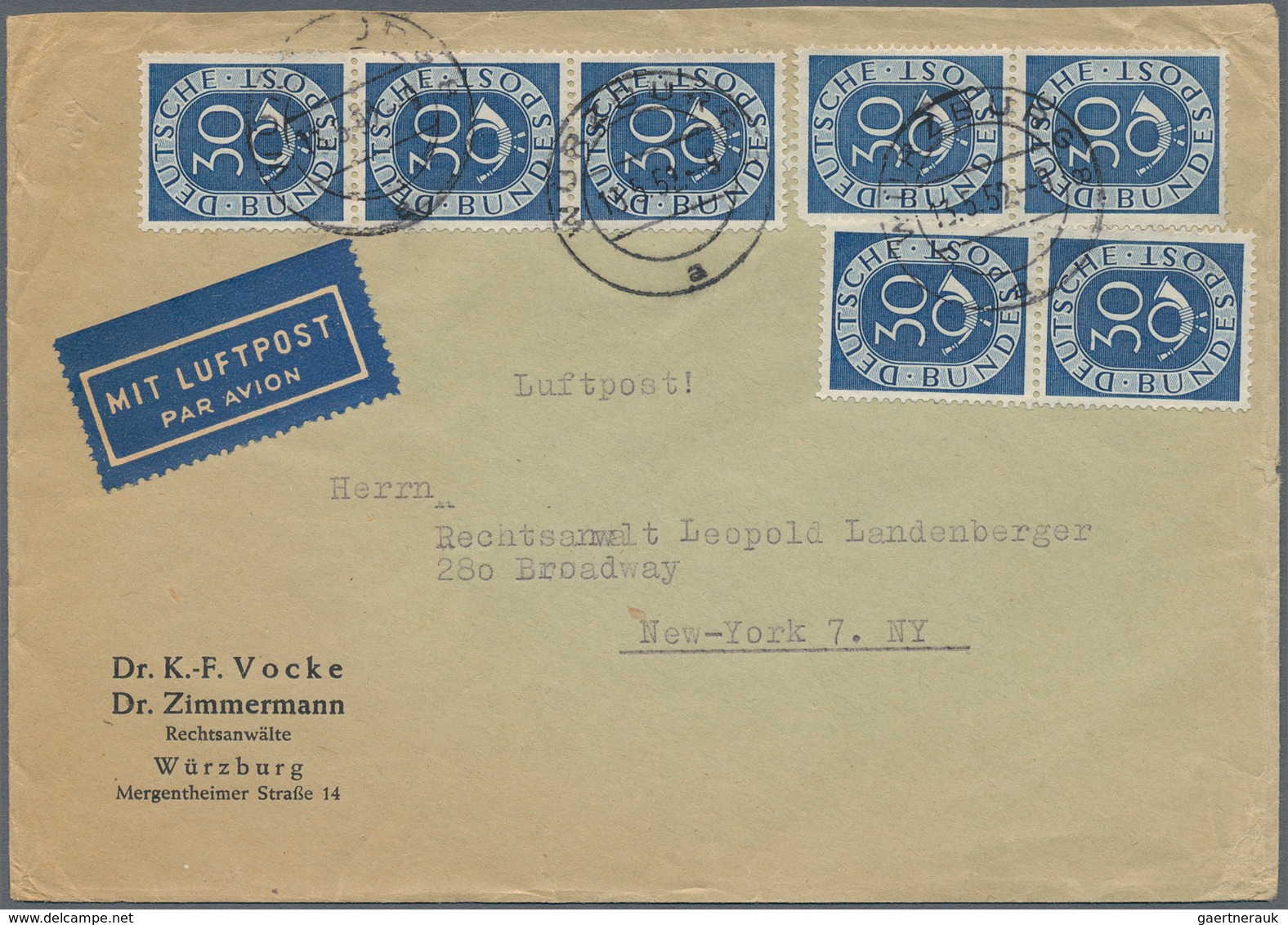 Bundesrepublik Deutschland: 1952, 30 Pfg. Posthorn, Zwei Senkrechte Paare Und Ein Senkrechter 3er-St - Storia Postale