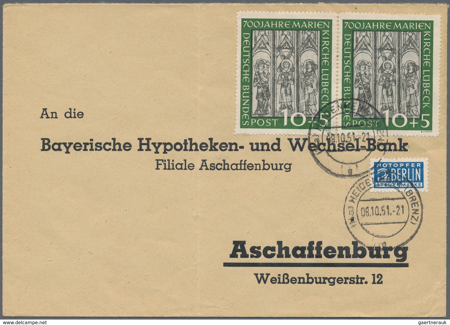 Bundesrepublik Deutschland: 1951, 10 Pfg. Marienkirche Im Waagerechten Paar Als Portogerechte Mehrfa - Storia Postale