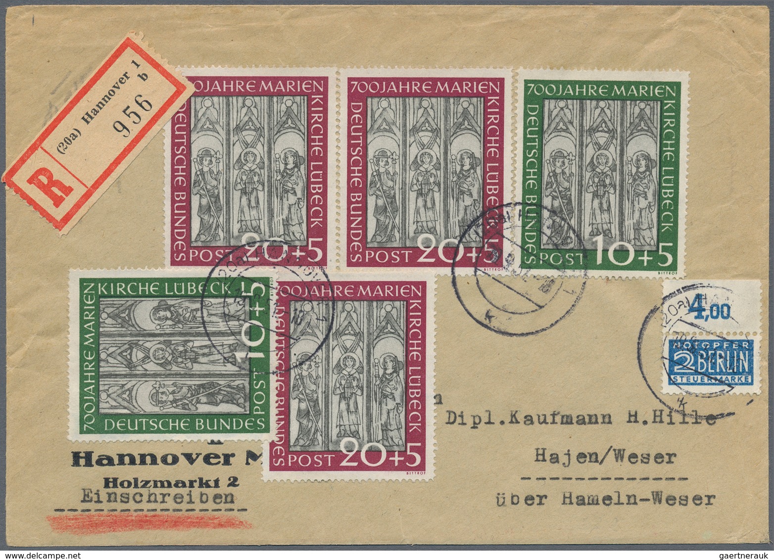 Bundesrepublik Deutschland: 1951, Marienkirche 10 Pfg. (2) Und 20 Pfg. (3), Portogerechte Frankatur - Storia Postale