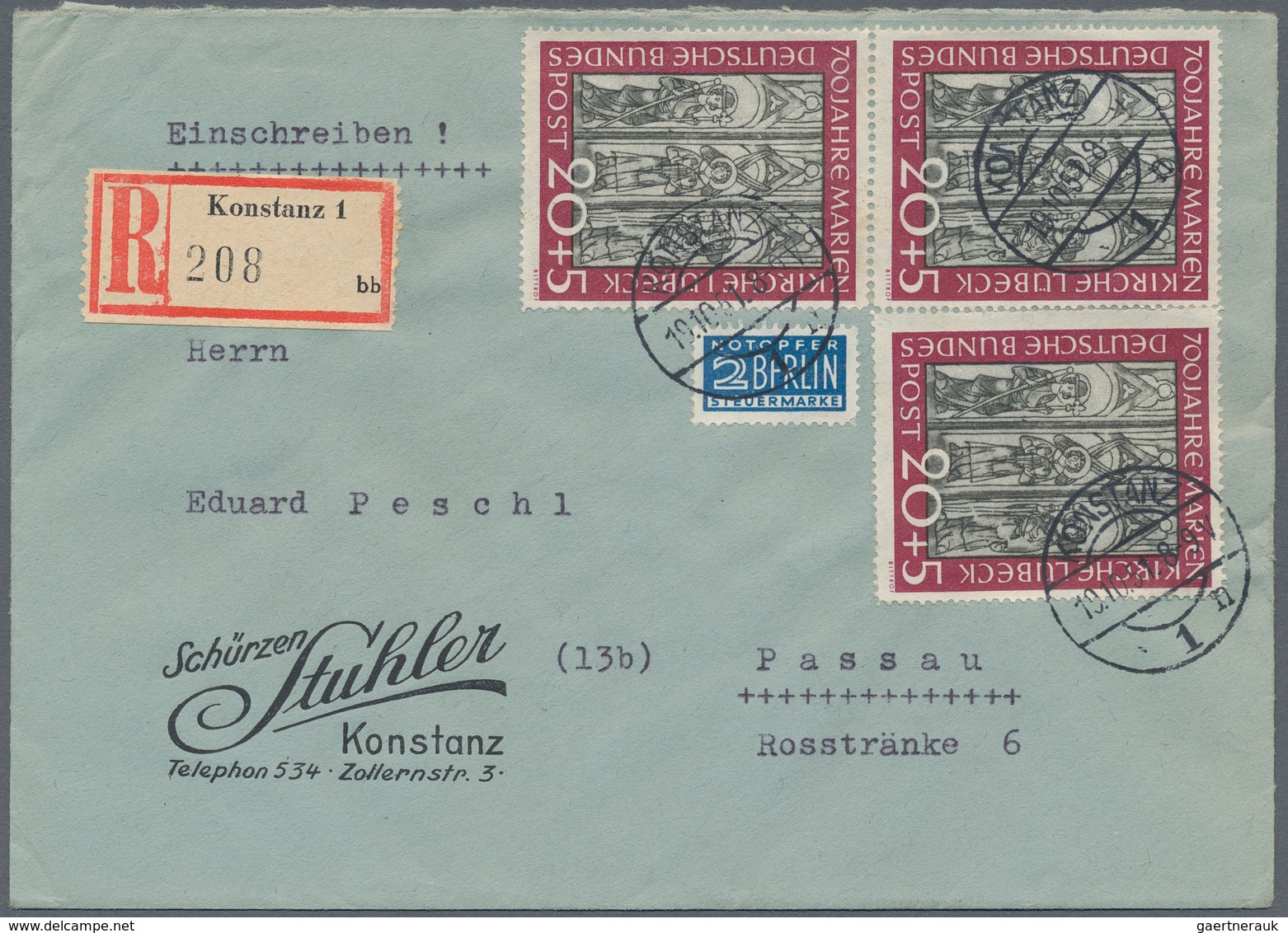 Bundesrepublik Deutschland: 1951, 20 Pfg. Marienkirche, Drei Werte Als Portogerechte Mehrfachfrankat - Brieven En Documenten