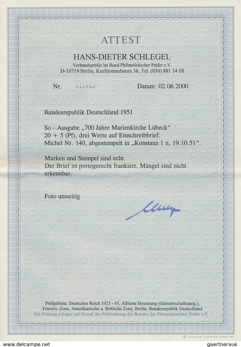 Bundesrepublik Deutschland: 1951, 20 Pfg. Marienkirche, Drei Werte Als Portogerechte Mehrfachfrankat - Brieven En Documenten