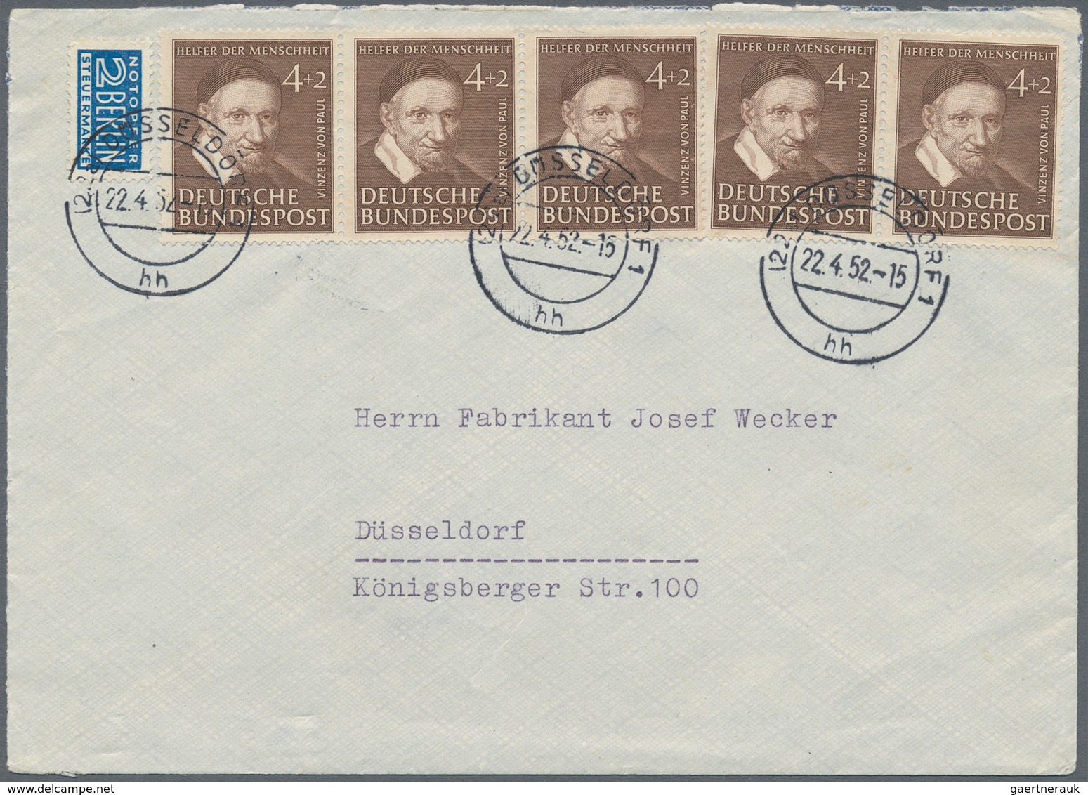 Bundesrepublik Deutschland: 1952, 4 Pfg. Wohlfahrt 1951, Waagerechter 3er-Streifen Und Paar Als Port - Brieven En Documenten