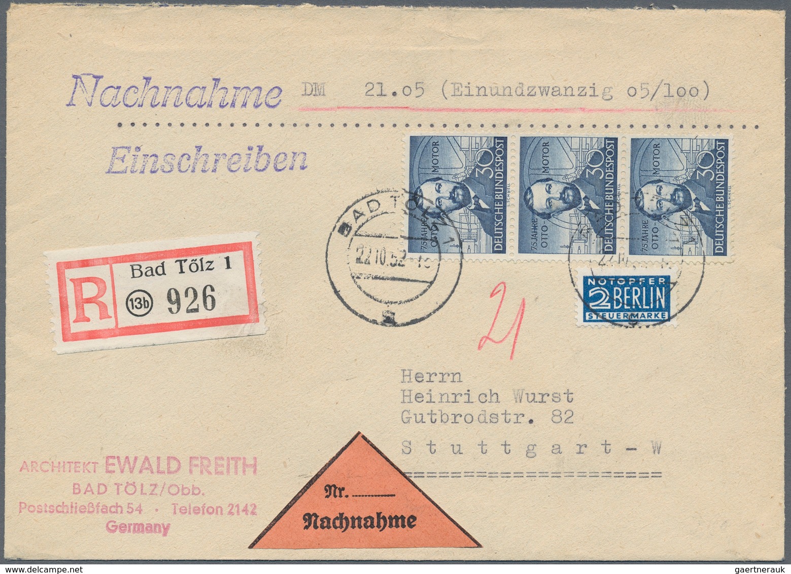 Bundesrepublik Deutschland: 1952, 30 Pfg. Ottomotor Im Senkrechten 3er-Streifen Als Portogerechte Me - Briefe U. Dokumente