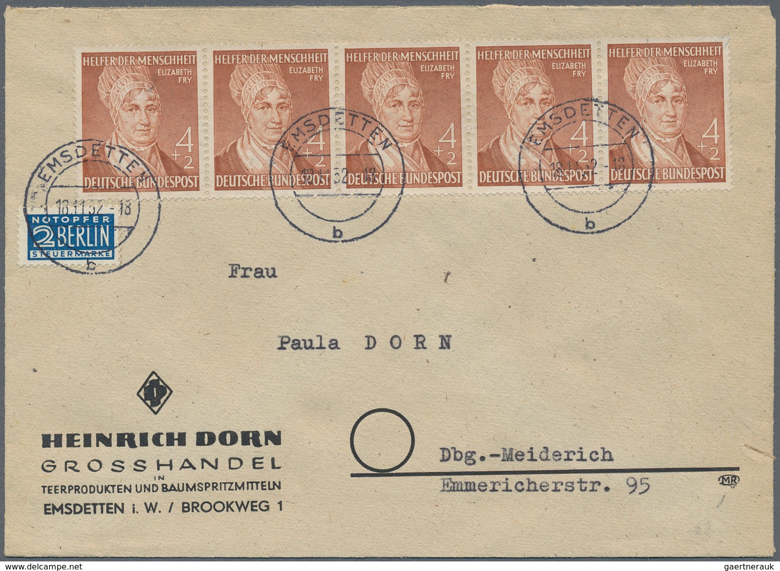 Bundesrepublik Deutschland: 1952, 4 Pfg. Wohlfahrt Im Waagerechten 5er-Streifen Als Portogerechte Ma - Storia Postale