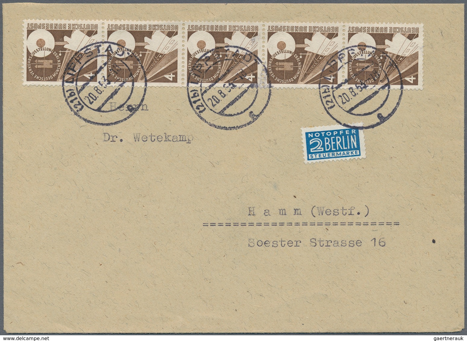 Bundesrepublik Deutschland: 1953, 4 Pfg. Verkehrsausstellung Im Senkrechten 5er-Streifen Als Portoge - Brieven En Documenten