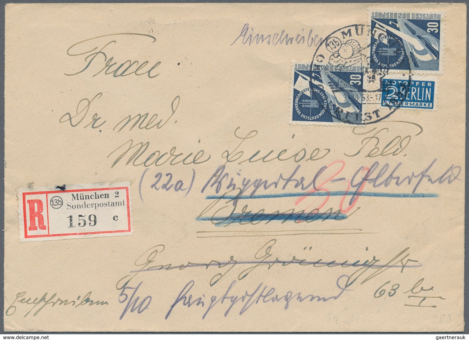 Bundesrepublik Deutschland: 1953, 30 Pfg. Verkehrsausstellung, Zwei Werte Als Portogerechte Mehrfach - Briefe U. Dokumente