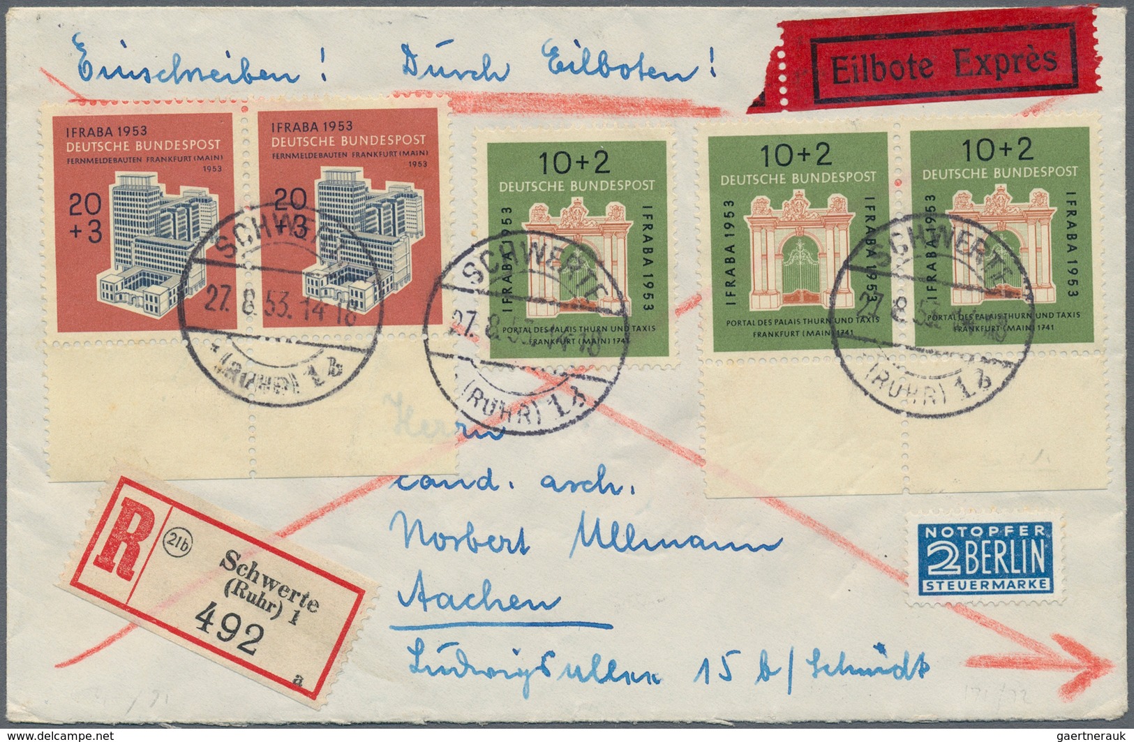 Bundesrepublik Deutschland: 1953, Ifraba, Beide Werte Je Per Viermal (incl. Drei Paaren) Als Portoge - Briefe U. Dokumente
