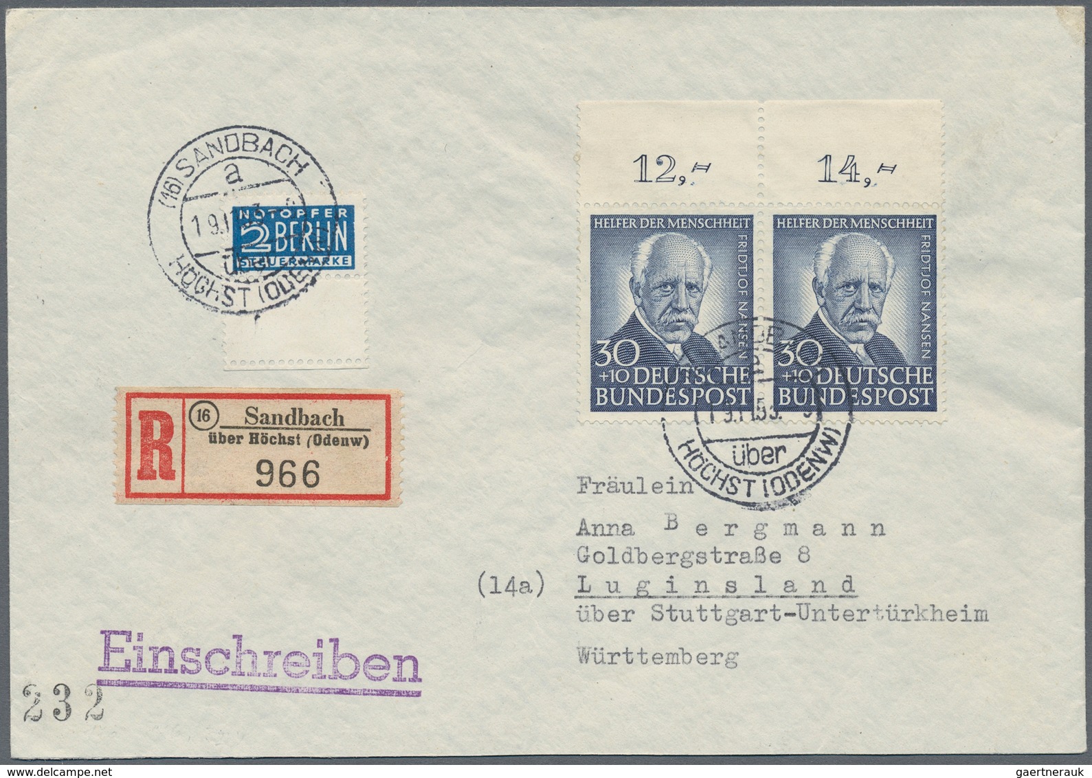 Bundesrepublik Deutschland: 1953, 30 Pfg. Wohlfahrt Im Waagerechten Oberrandpaar Als Portogerechte M - Brieven En Documenten