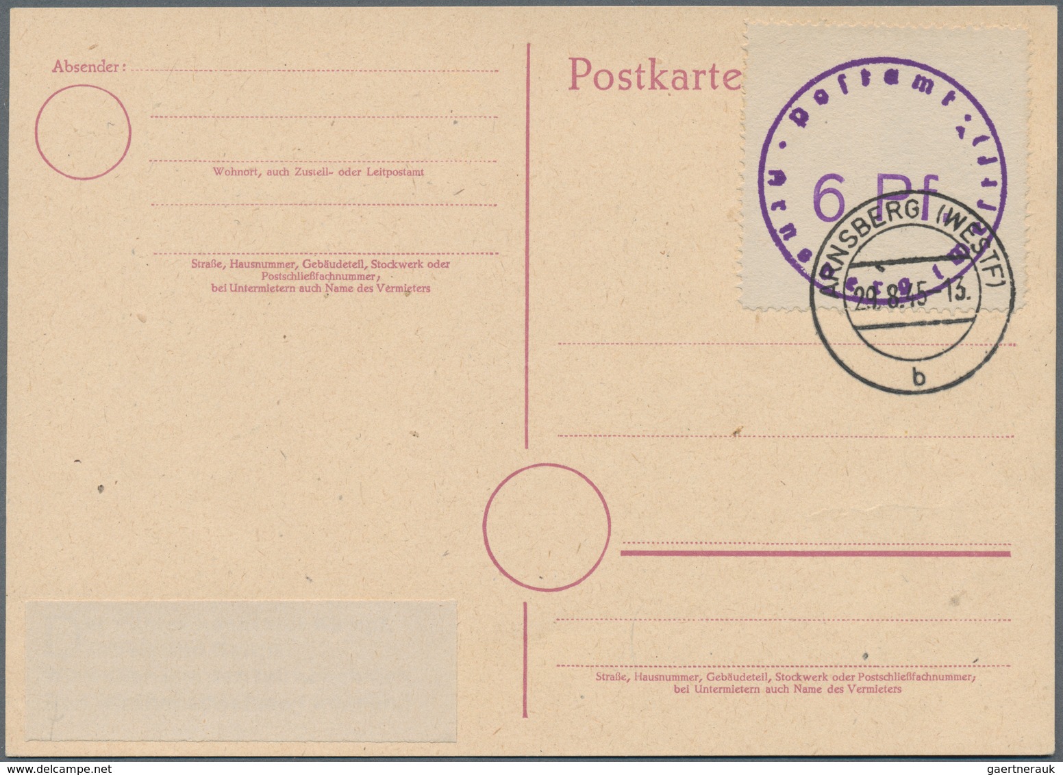 Deutsche Lokalausgaben Ab 1945: ARNSBERG: 1945, Gebührenzettel 6 Pf Gezähnt Auf Blanko-Ganzsache, Si - Andere & Zonder Classificatie