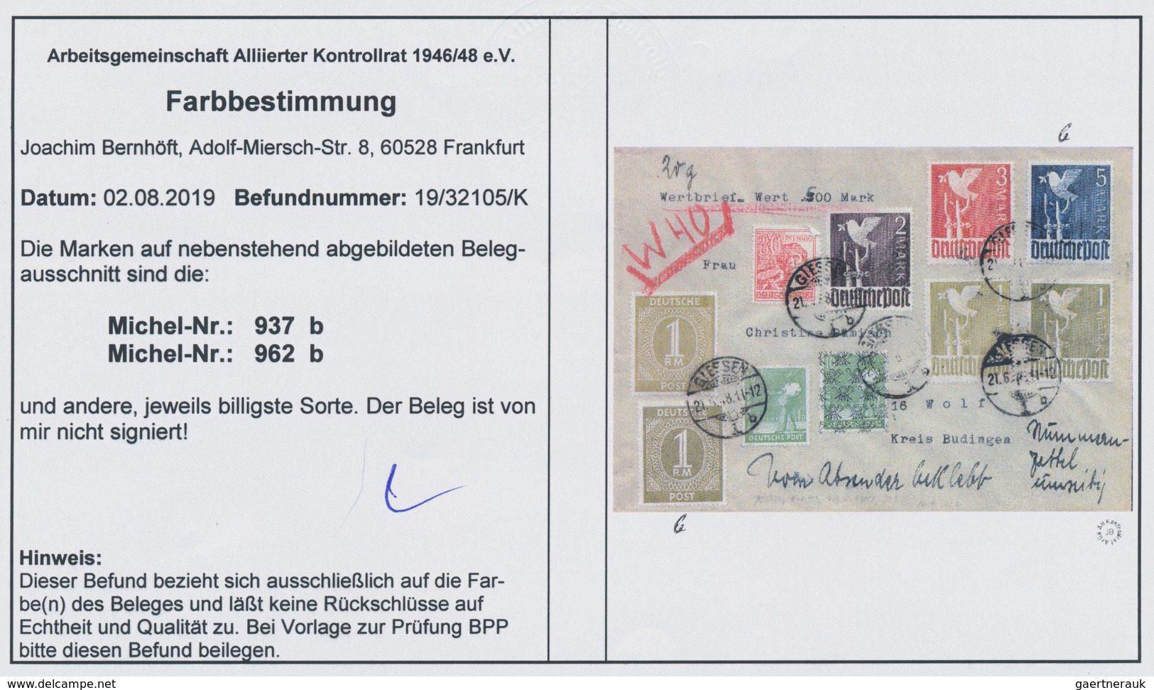 Alliierte Besetzung - Gemeinschaftsausgaben: 1948. Zehnfach-Wertbrief (500 RM) Mit Taube 1 M (b) Und - Andere & Zonder Classificatie