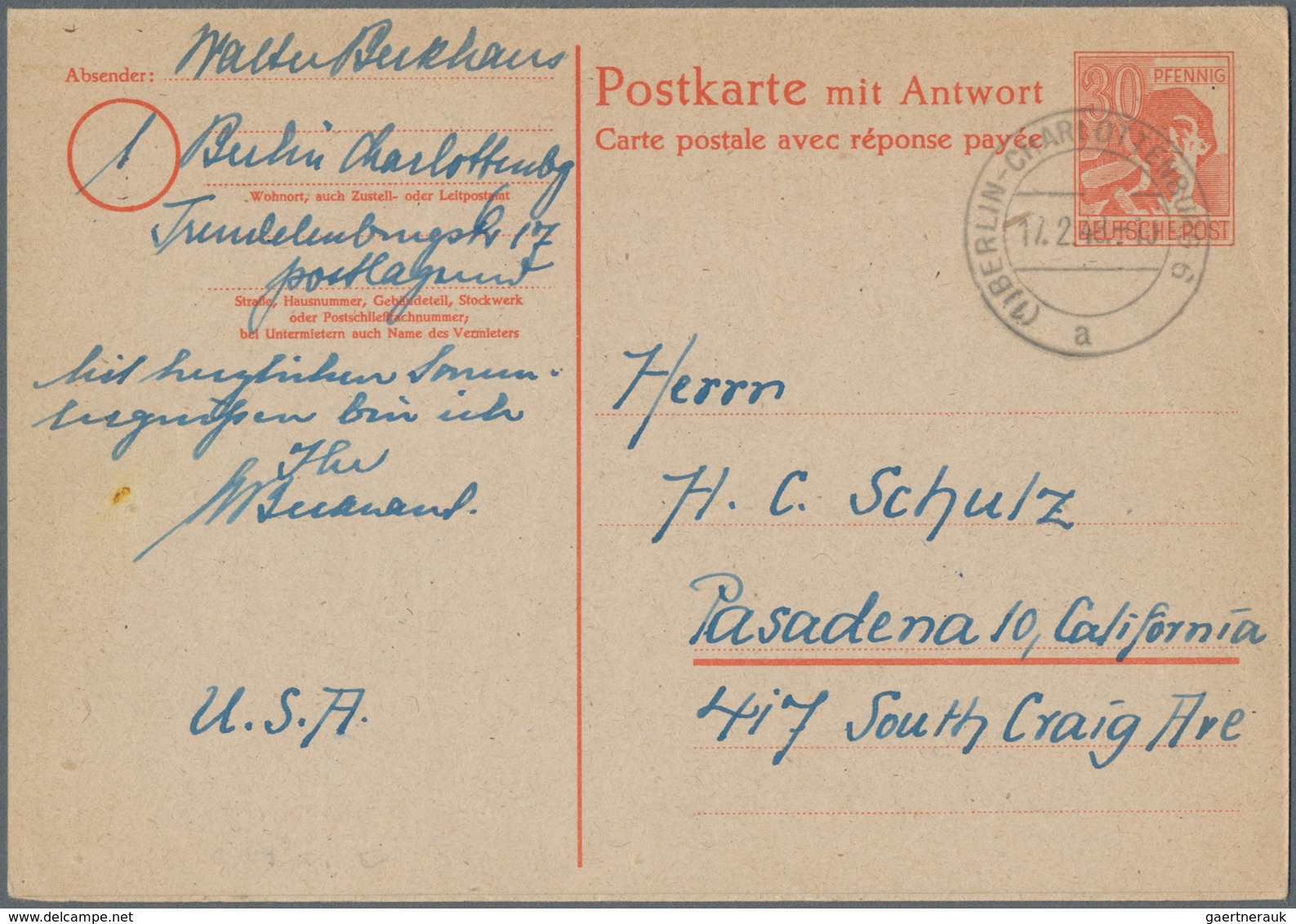 Alliierte Besetzung - Ganzsachen: 1948. Doppelkarte 30 Pf Arbeiter. Gebraucht Von "Berlin-Charlotten - Andere & Zonder Classificatie