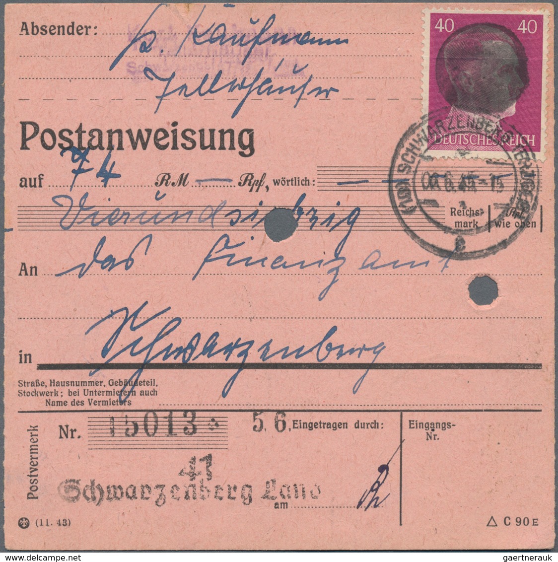 Sowjetische Zone - Sächsische Schwärzungen: SCHWARZENBERG: 1945, 40 Pf Hitler Geschwärzt Auf Postanw - Altri & Non Classificati
